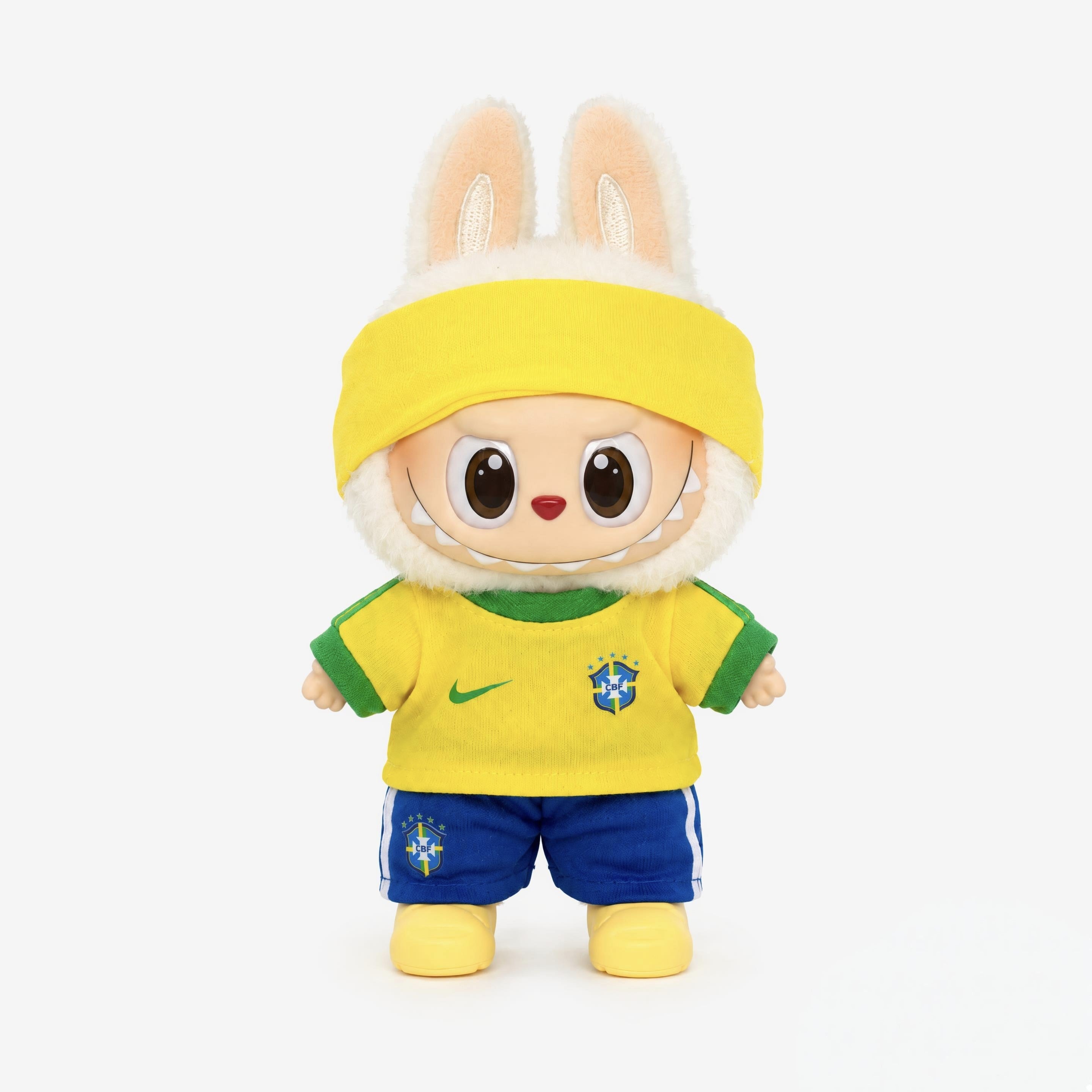 Doll football jersey kit – Brazil Home – shown worn on a doll, compatible with Labubu and similar 17cm dolls