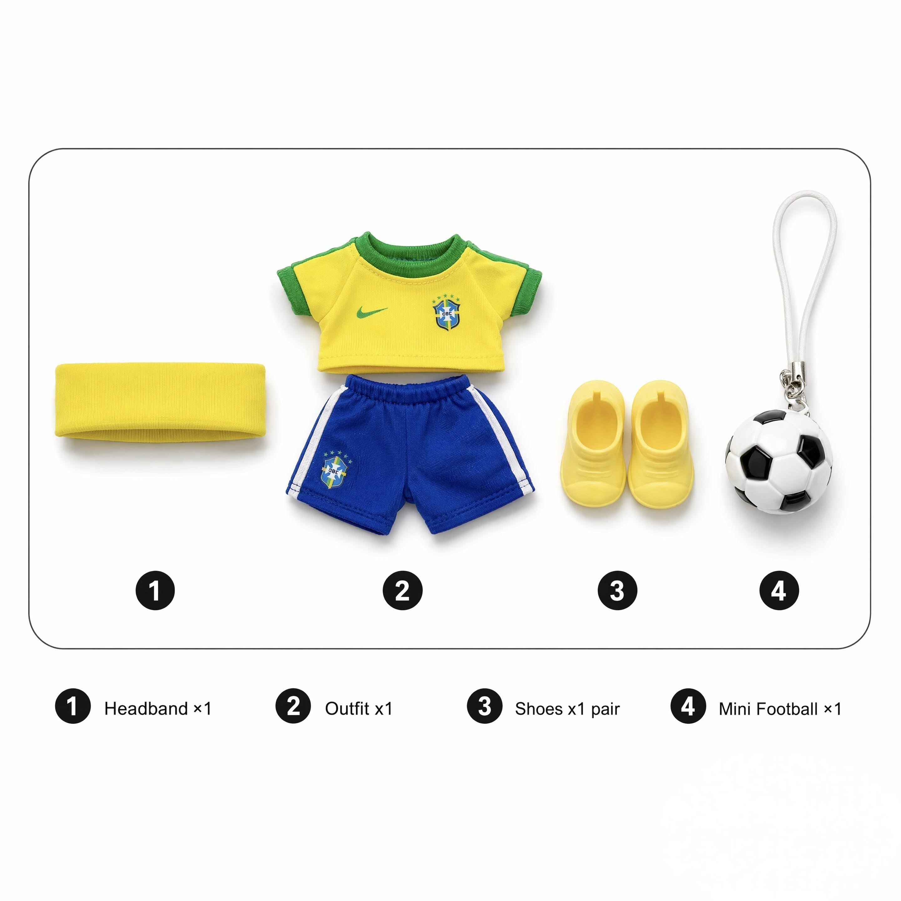Doll football jersey kit – Brazil Home – jersey, shorts, and accessories included in the set, compatible with Labubu and similar 17cm dolls