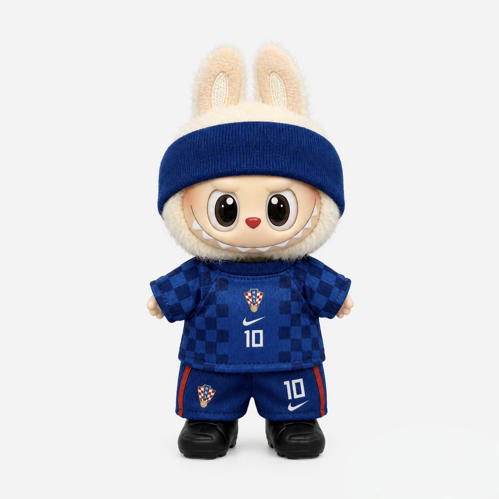 Doll football jersey kit – Croatia Away – shown worn on a doll, compatible with Labubu and similar 17cm dolls