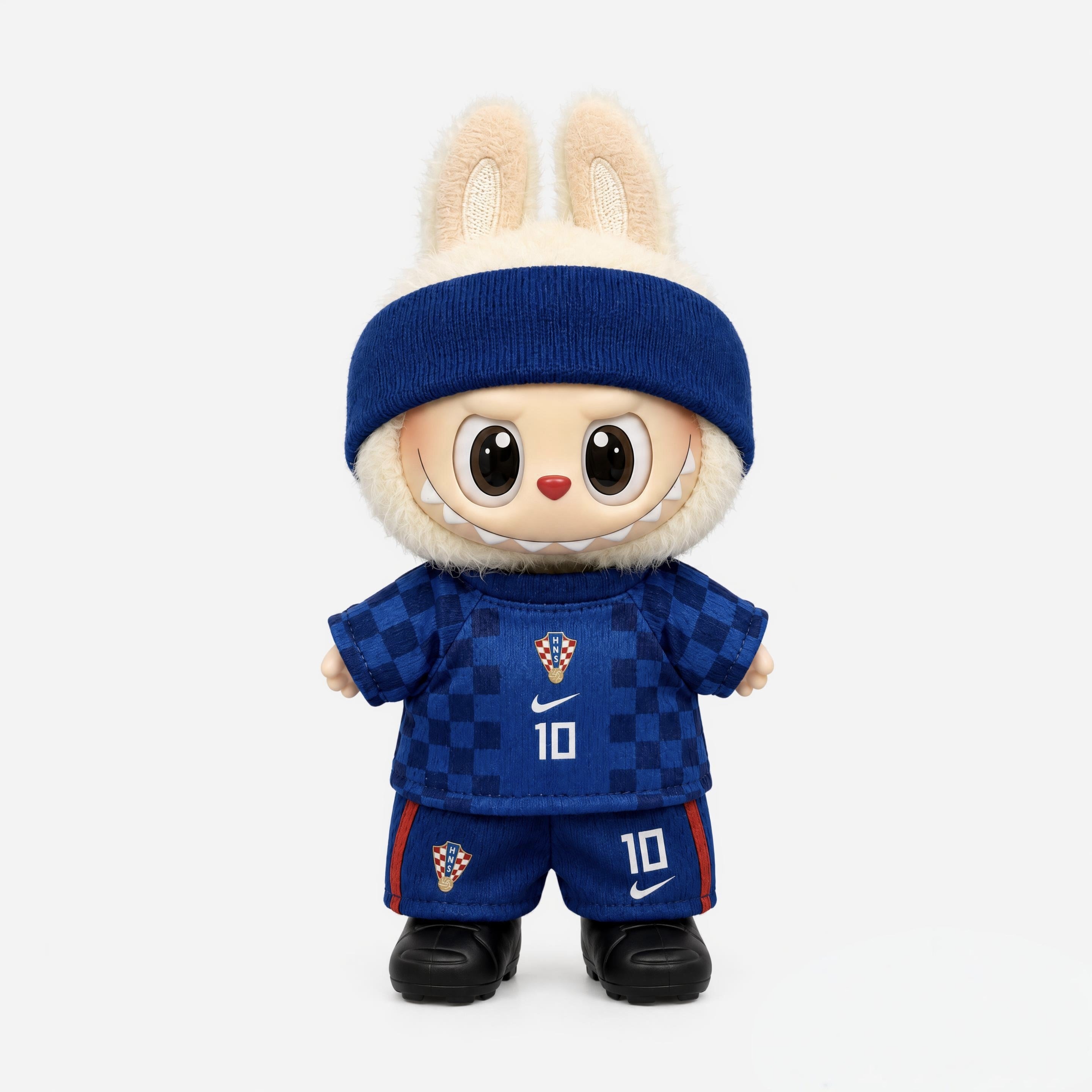 Doll football jersey kit – Croatia Away – shown worn on a doll, compatible with Labubu and similar 17cm dolls