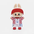 Doll football jersey kit – Croatia Home – shown worn on a doll, compatible with Labubu and similar 17cm dolls
