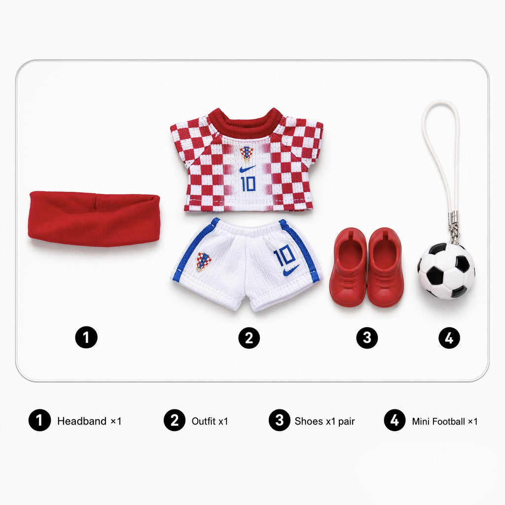 Doll football jersey kit – Croatia Home – jersey, shorts, and accessories included in the set, compatible with Labubu and similar 17cm dolls