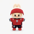 Doll football jersey kit – England Away – shown worn on a doll, compatible with Labubu and similar 17cm dolls
