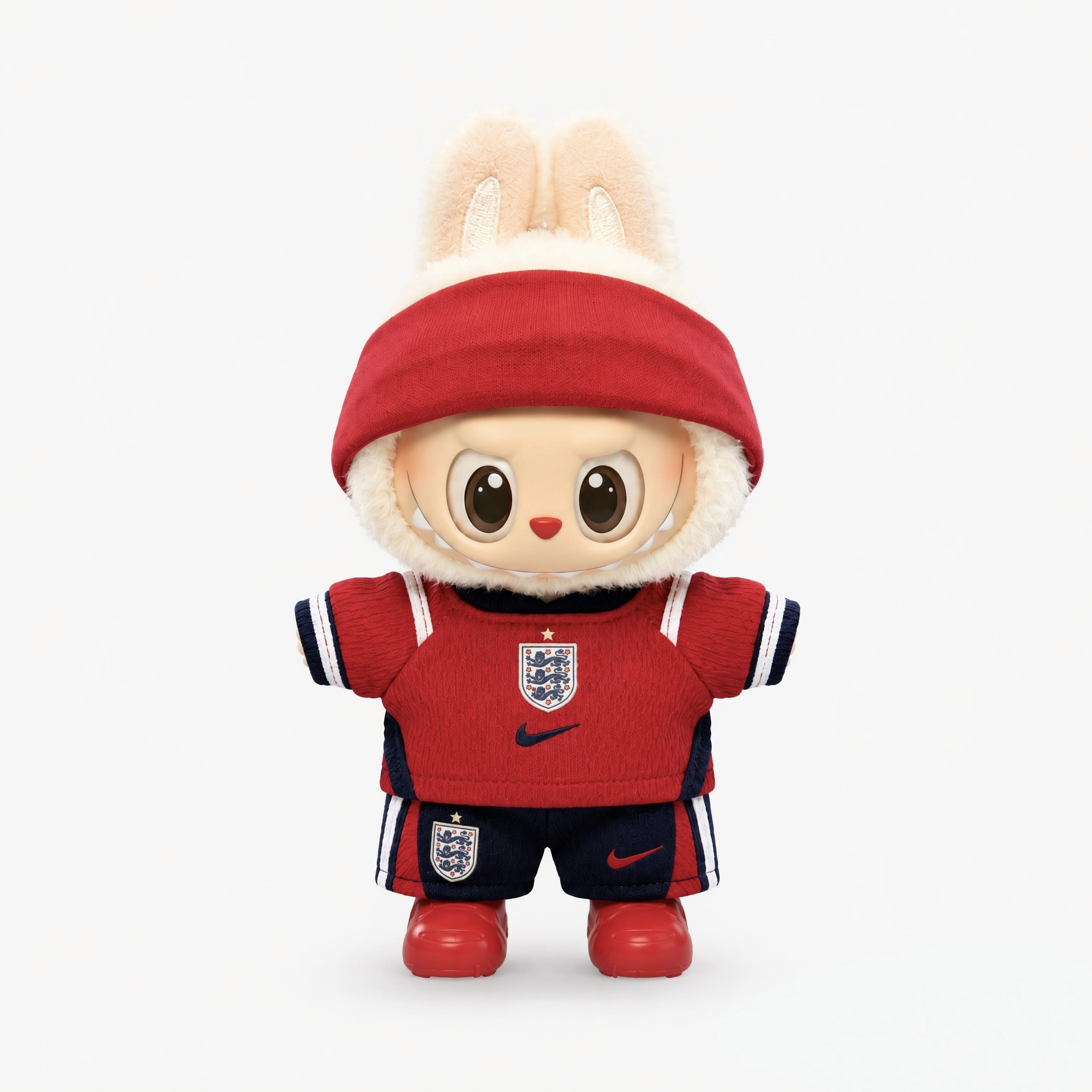 Doll football jersey kit – England Away – shown worn on a doll, compatible with Labubu and similar 17cm dolls