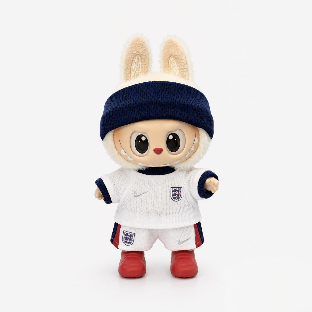 Doll football jersey kit – England Home – shown worn on a doll, compatible with Labubu and similar 17cm dolls