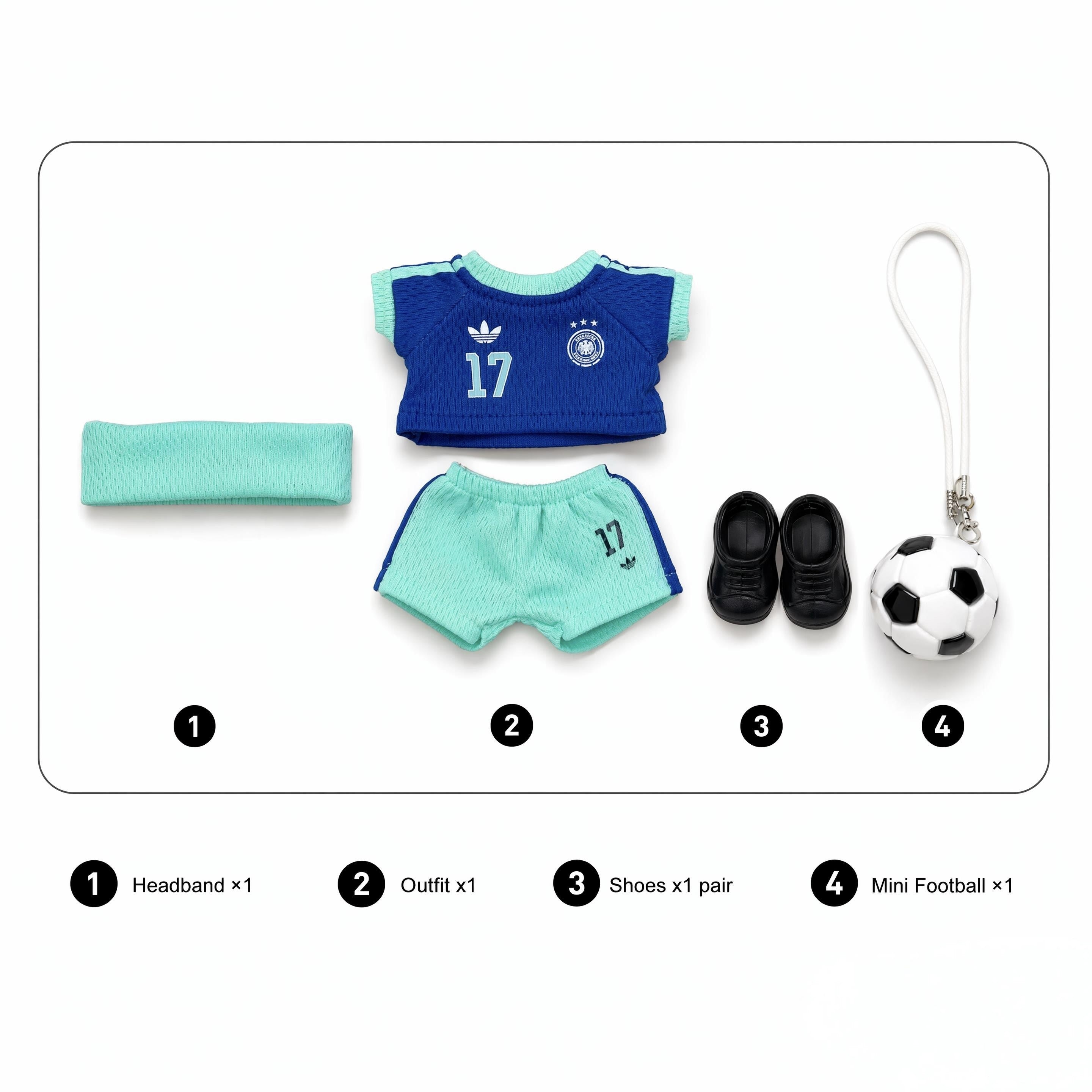 Doll football jersey kit – Germany Away – jersey, shorts, and accessories included in the set, compatible with Labubu and similar 17cm dolls