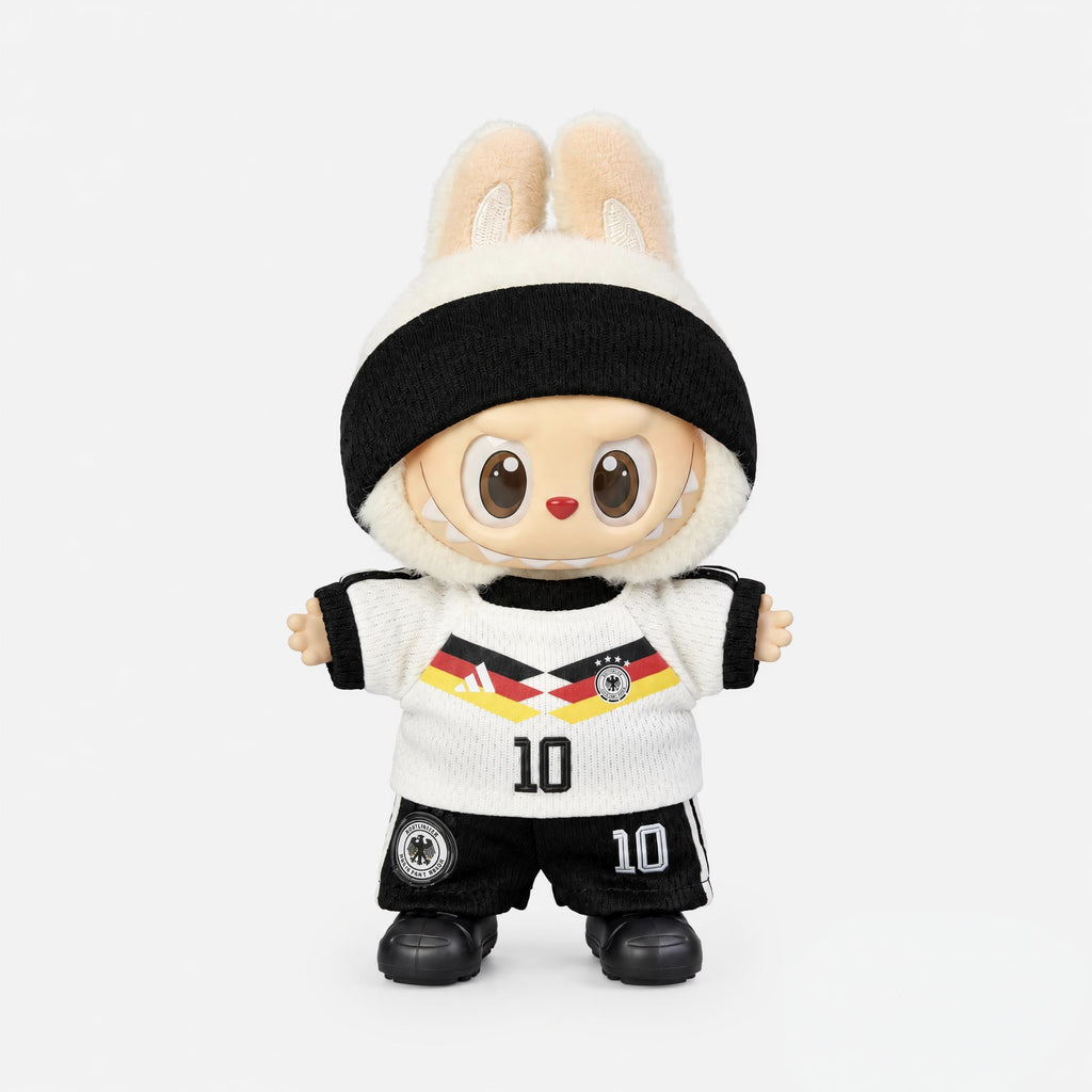 Doll football jersey kit – Germany Home – shown worn on a doll, compatible with Labubu and similar 17cm dolls