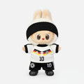 Doll football jersey kit – Germany Home – shown worn on a doll, compatible with Labubu and similar 17cm dolls