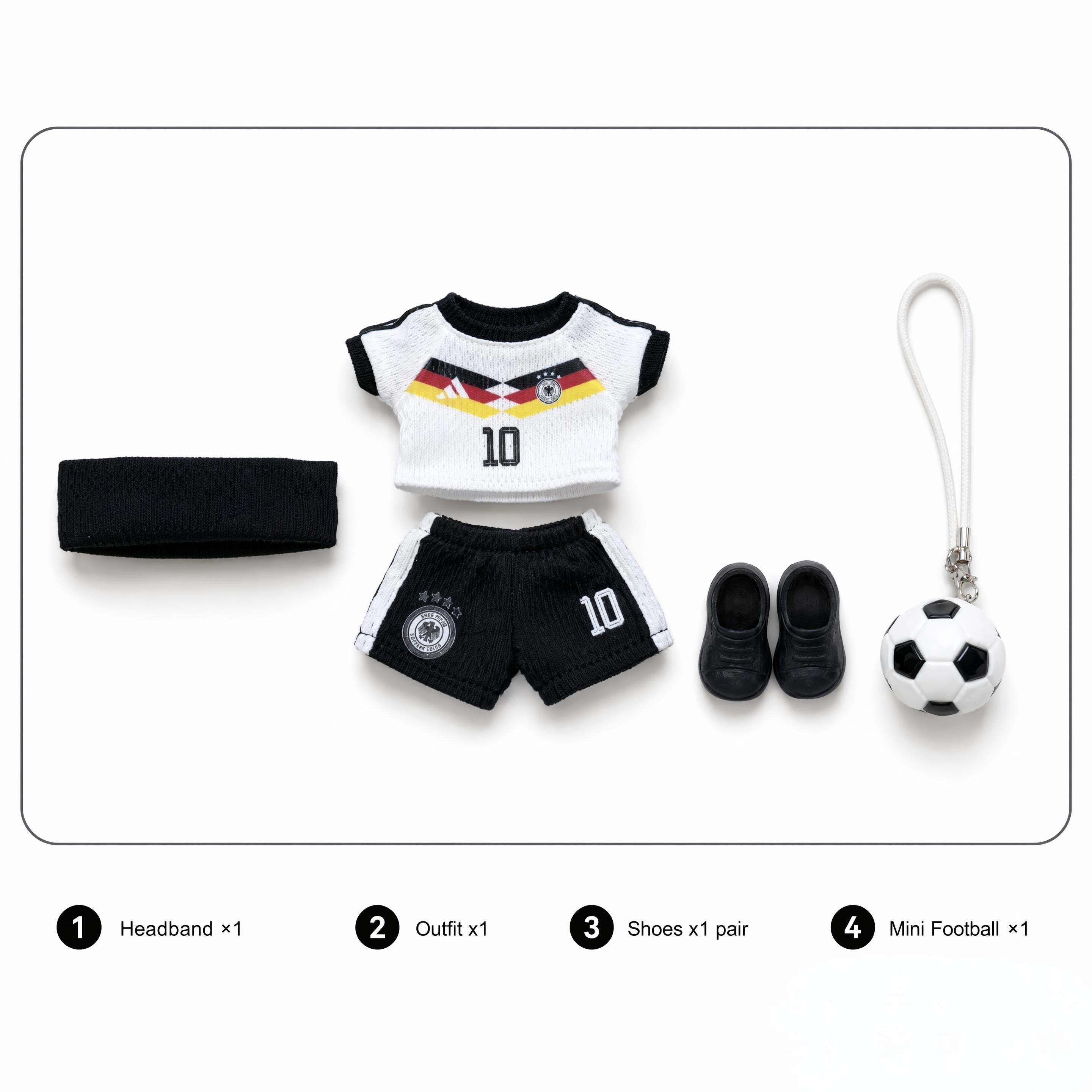 Doll football jersey kit – Germany Home – jersey, shorts, and accessories included in the set, compatible with Labubu and similar 17cm dolls