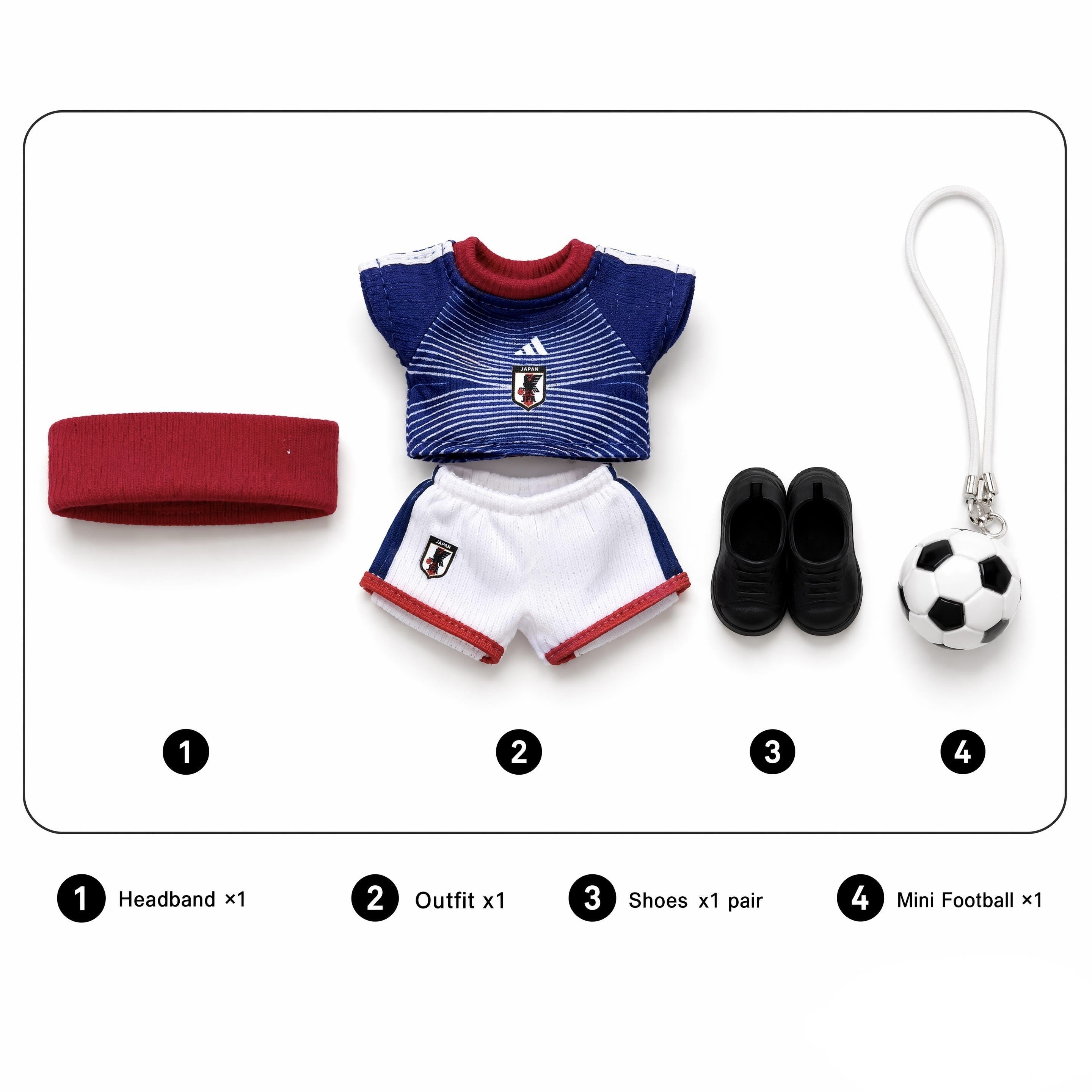 Doll football jersey kit – Japan Home – jersey, shorts, and accessories included in the set, compatible with Labubu and similar 17cm dolls