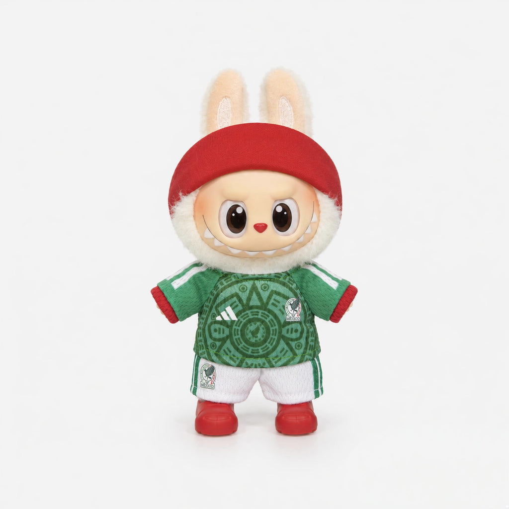 Doll football jersey kit – Mexico Home – shown worn on a doll, compatible with Labubu and similar 17cm dolls