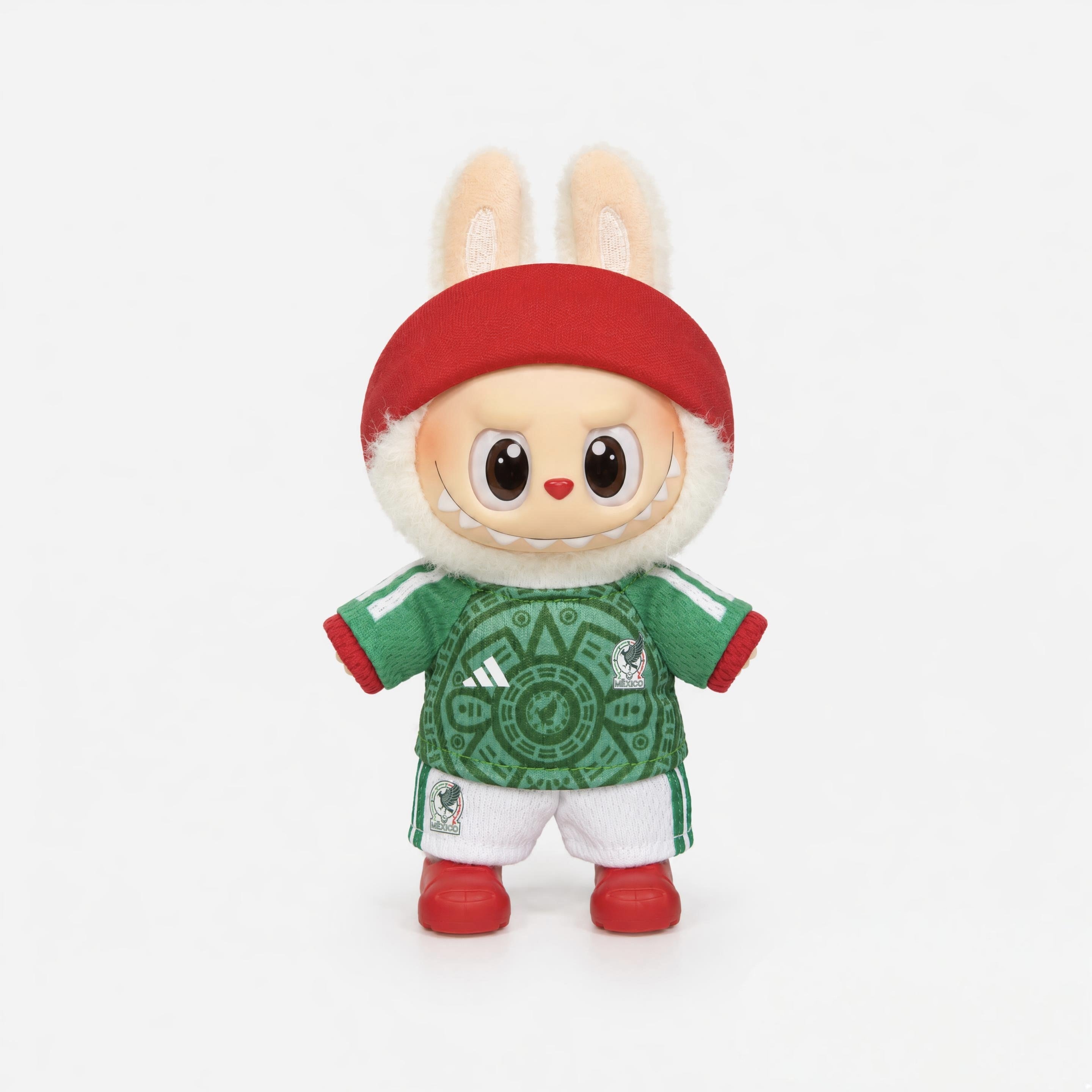 Doll football jersey kit – Mexico Home – shown worn on a doll, compatible with Labubu and similar 17cm dolls