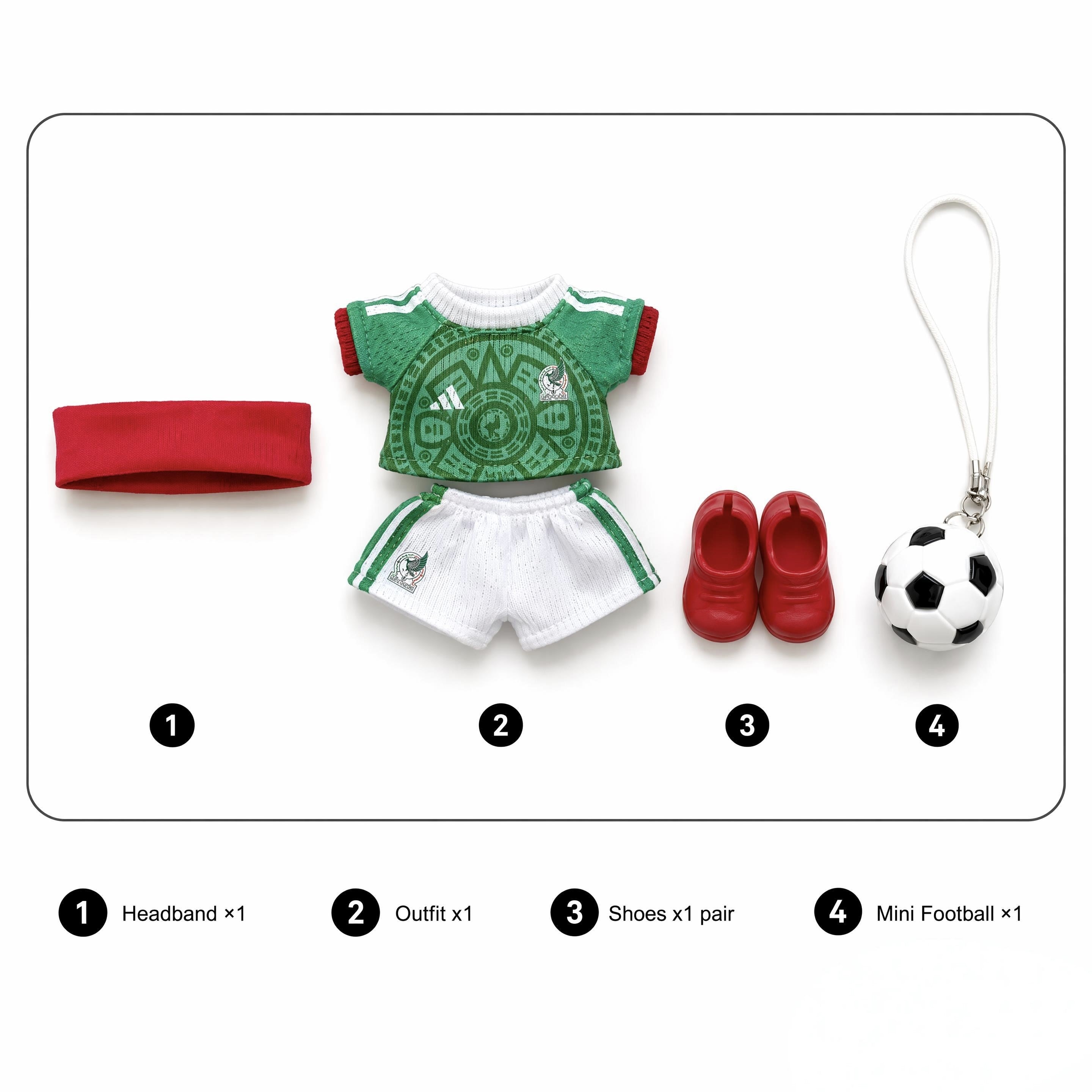 Doll football jersey kit – Mexico Home – jersey, shorts, and accessories included in the set, compatible with Labubu and similar 17cm dolls