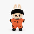 Doll football jersey kit – Netherlands Home – shown worn on a doll, compatible with Labubu and similar 17cm dolls