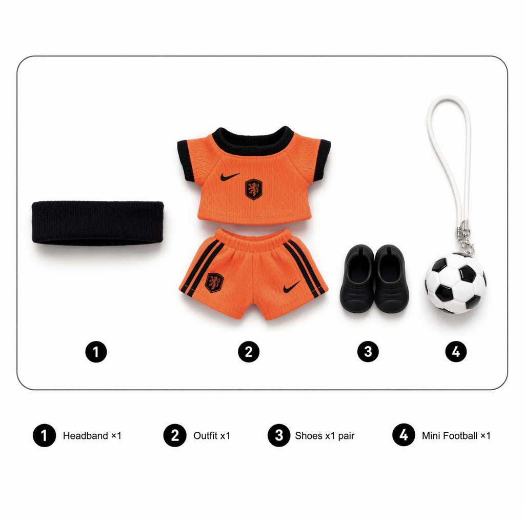 Doll football jersey kit – Netherlands Home – jersey, shorts, and accessories included in the set, compatible with Labubu and similar 17cm dolls