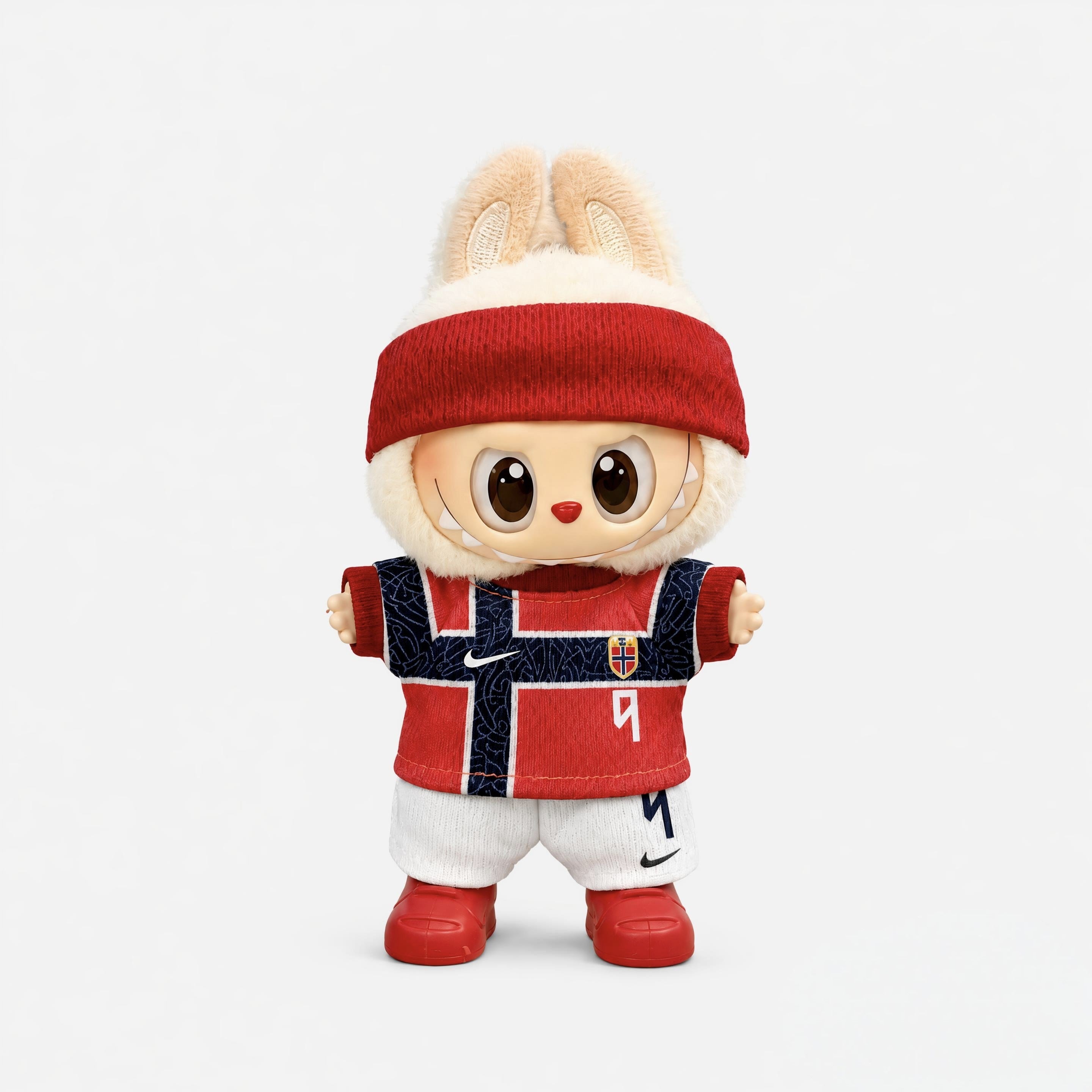 Doll football jersey kit – Norway Home – shown worn on a doll, compatible with Labubu and similar 17cm dolls