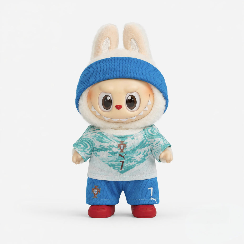 Doll football jersey kit – Portugal Away – shown worn on a doll, compatible with Labubu and similar 17cm dolls