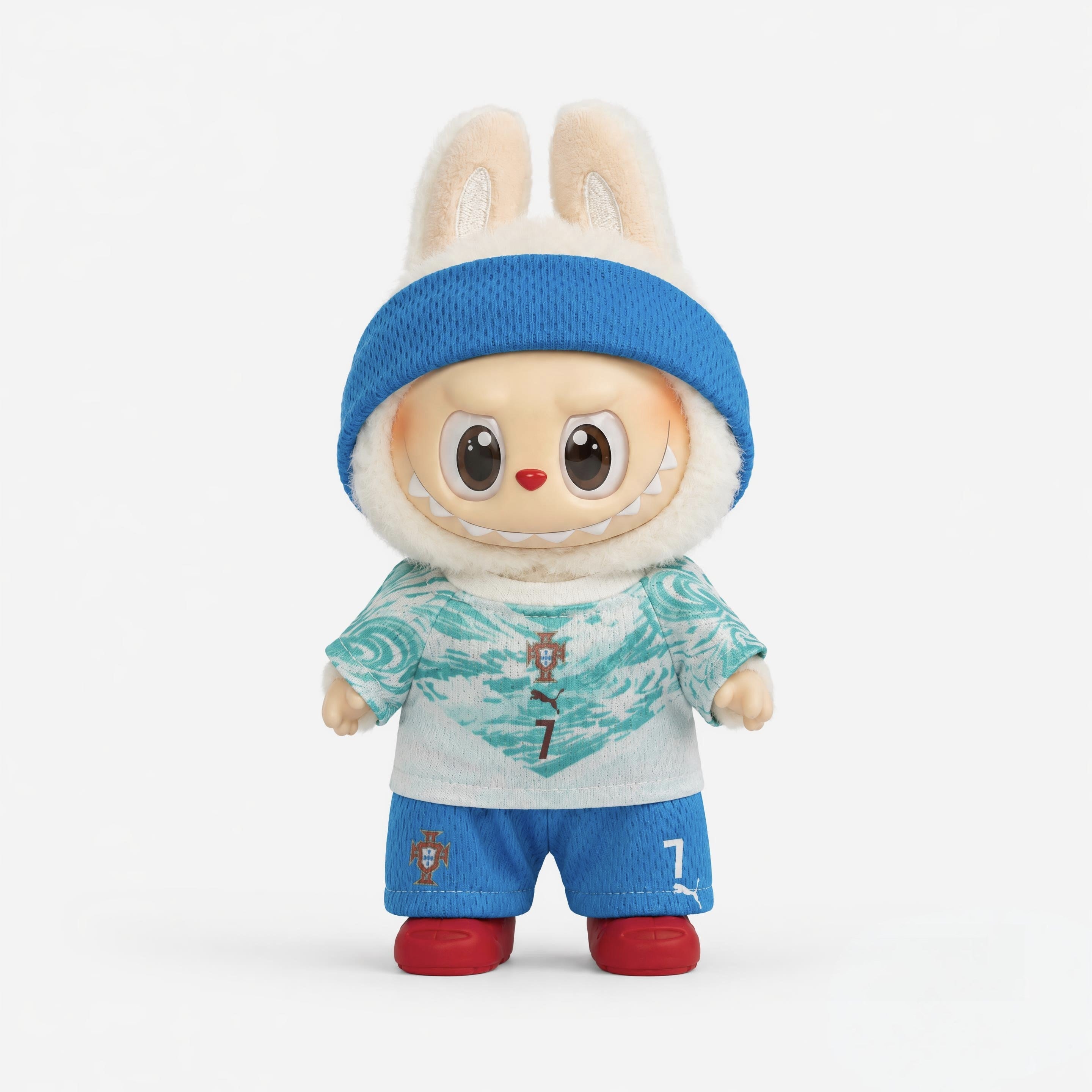 Doll football jersey kit – Portugal Away – shown worn on a doll, compatible with Labubu and similar 17cm dolls