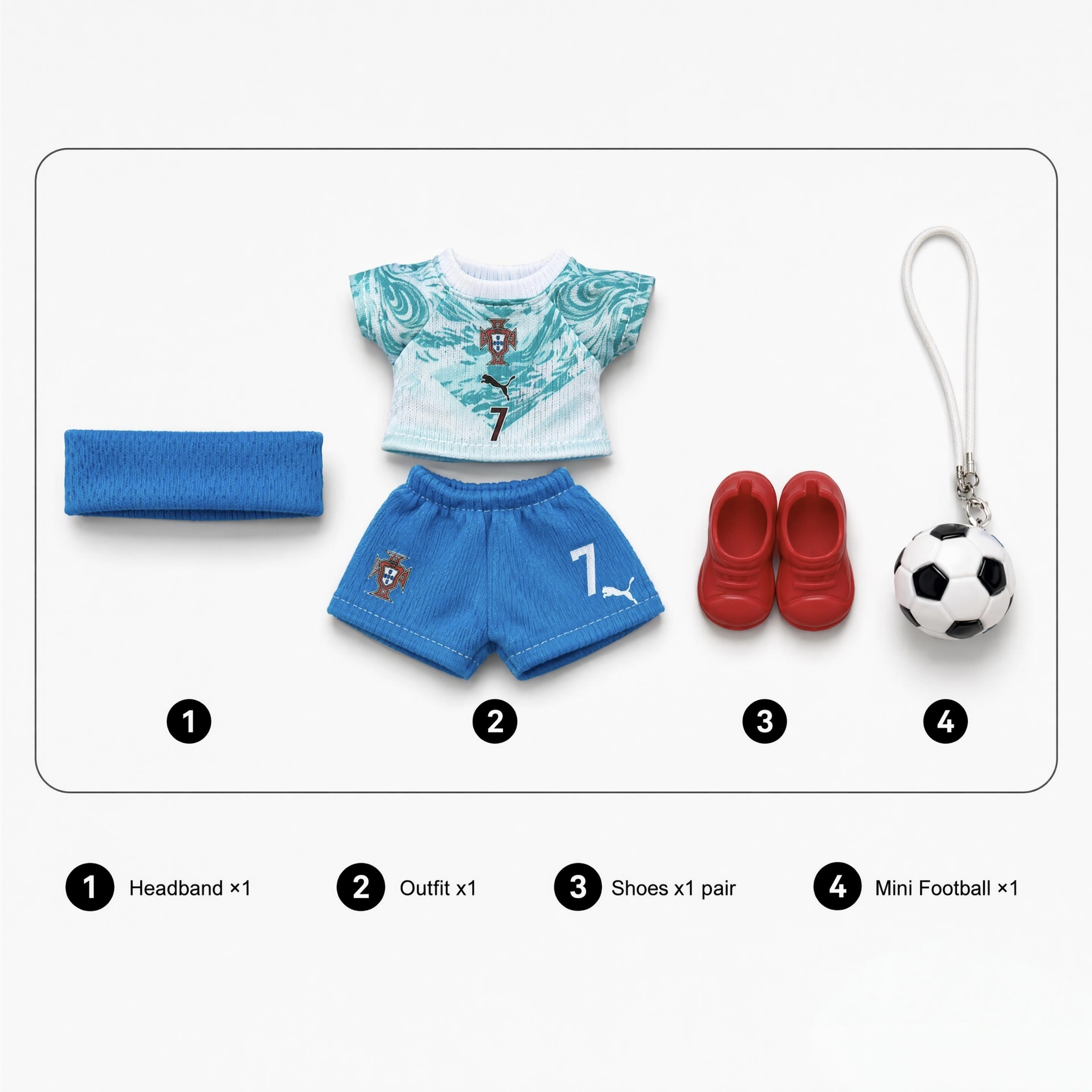 Doll football jersey kit – Portugal Away – jersey, shorts, and accessories included in the set, compatible with Labubu and similar 17cm dolls