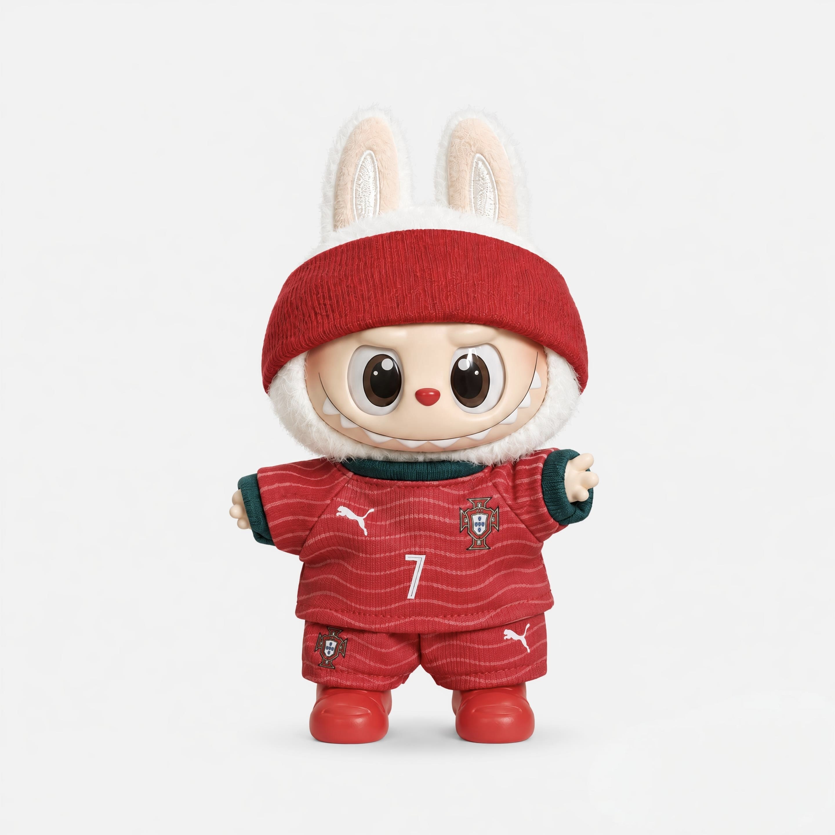Doll football jersey kit – Portugal Home – shown worn on a doll, compatible with Labubu and similar 17cm dolls