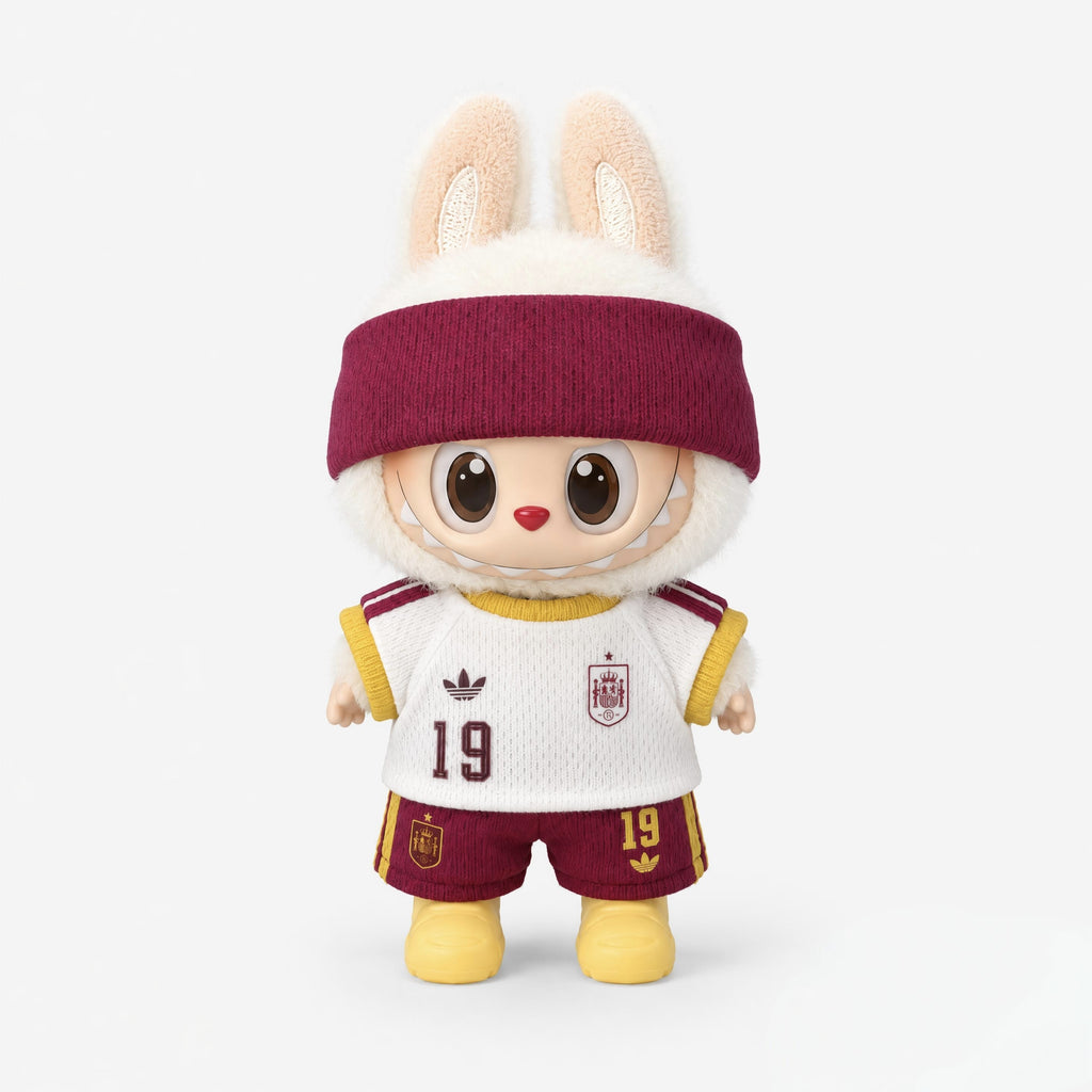 Doll football jersey kit – Spain Away – shown worn on a doll, compatible with Labubu and similar 17cm dolls
