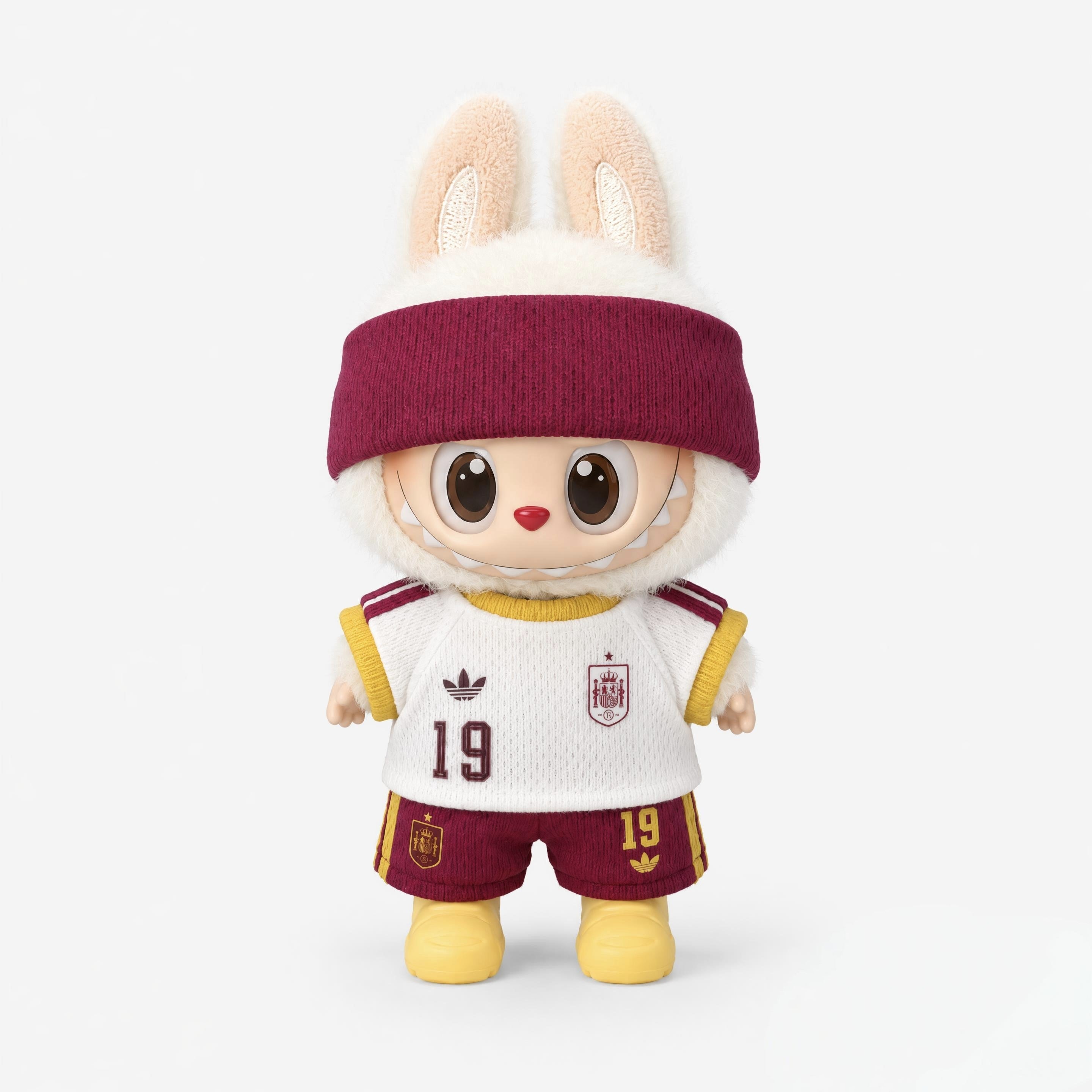 Doll football jersey kit – Spain Away – shown worn on a doll, compatible with Labubu and similar 17cm dolls