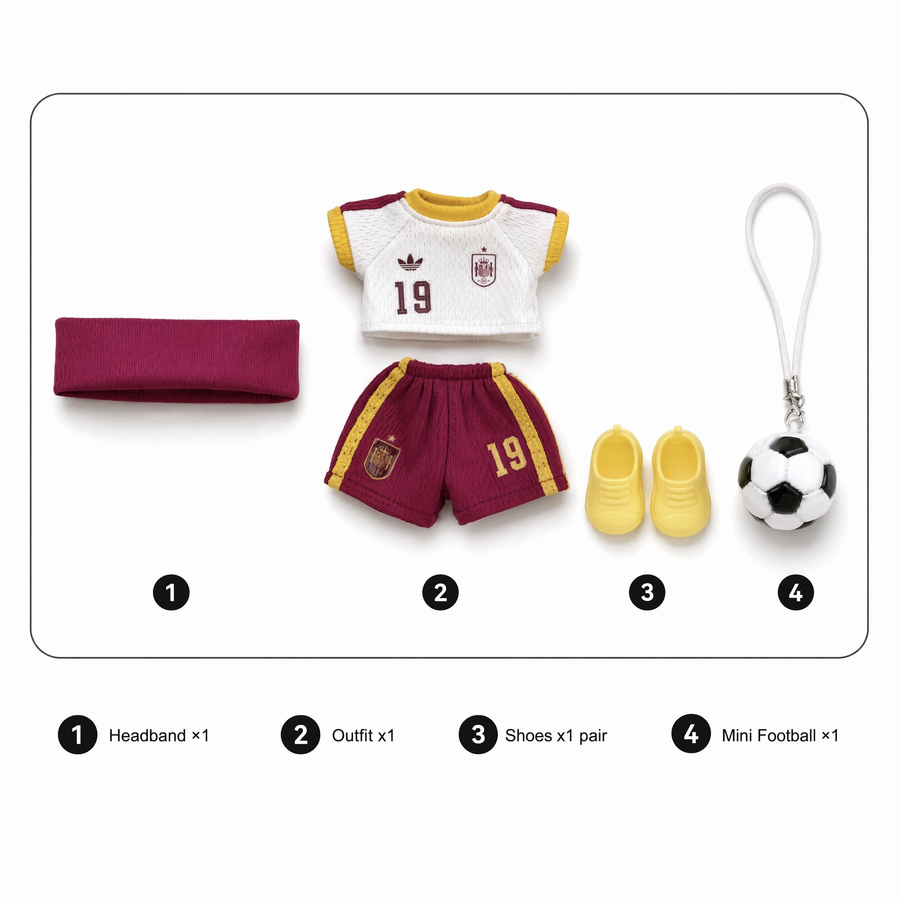 Doll football jersey kit – Spain Away – jersey, shorts, and accessories included in the set, compatible with Labubu and similar 17cm dolls