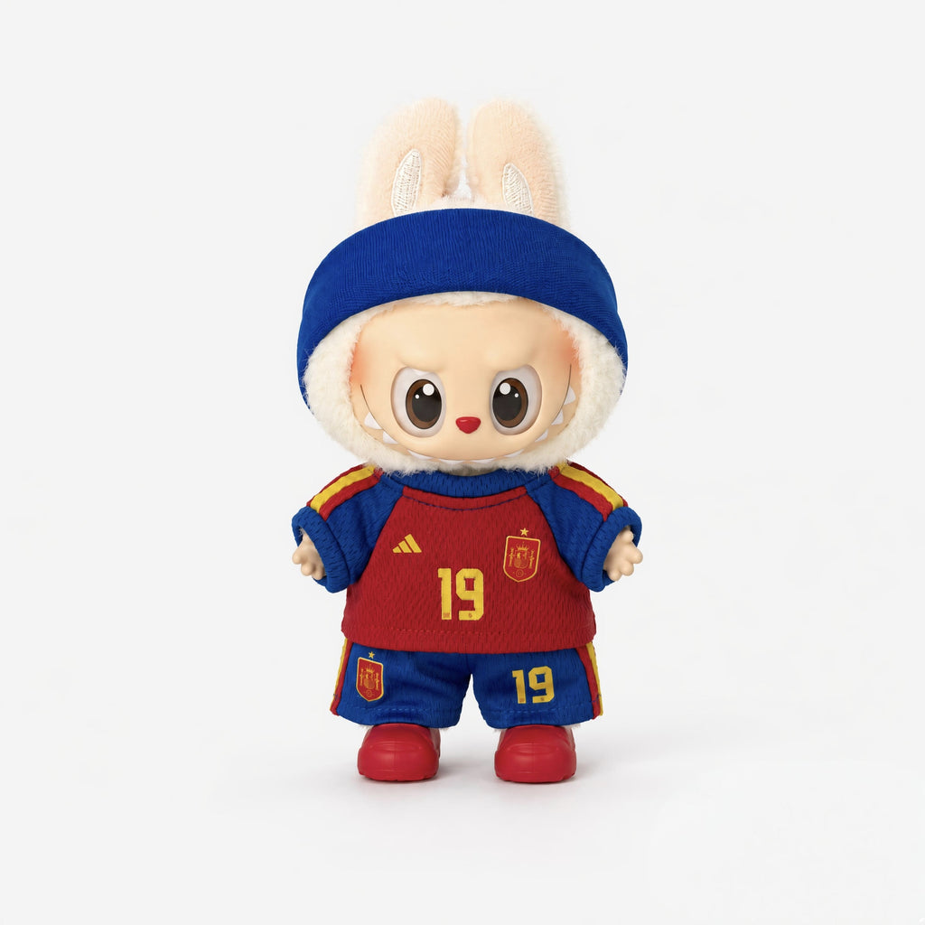 Doll football jersey kit – Spain Home – shown worn on a doll, compatible with Labubu and similar 17cm dolls