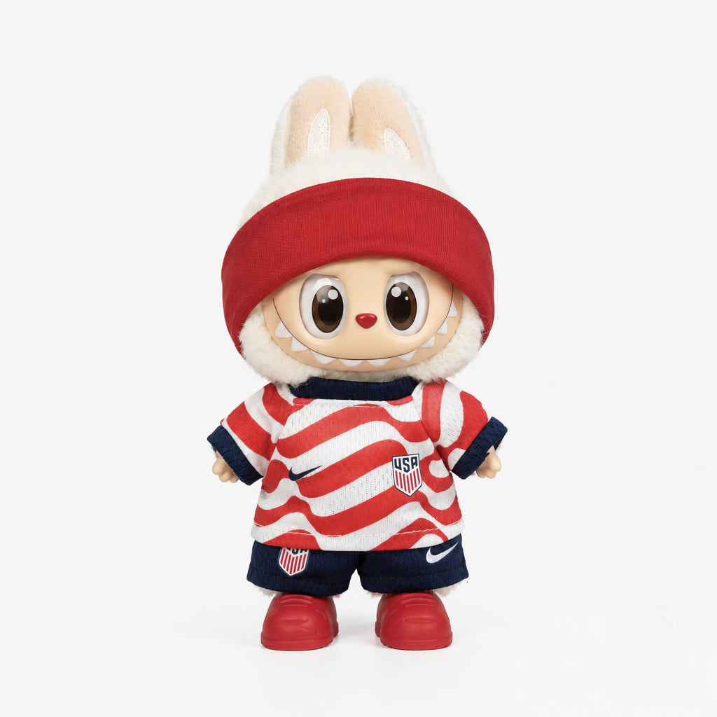 Doll football jersey kit – USA Home – shown worn on a doll, compatible with Labubu and similar 17cm dolls