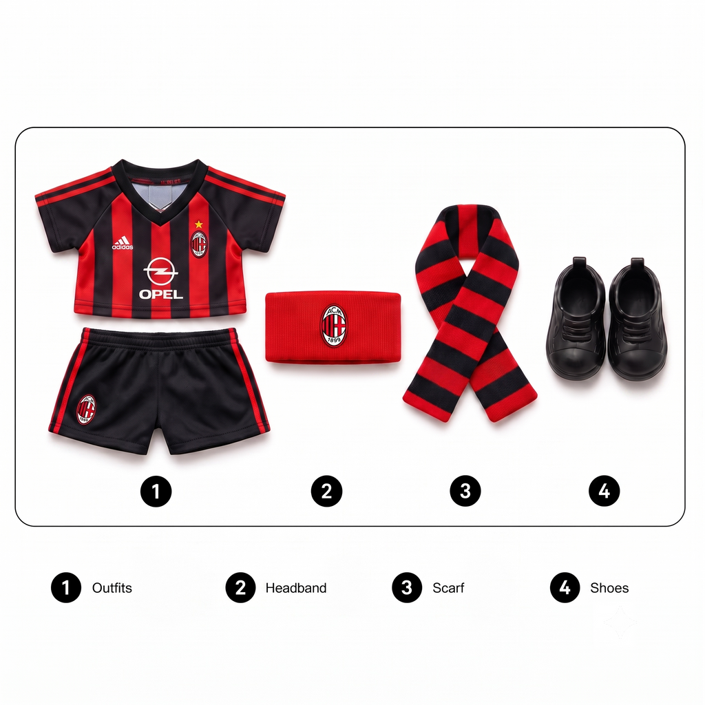Labubu football jersey kit accessories – AC Milan – includes headband, scarf and shoes