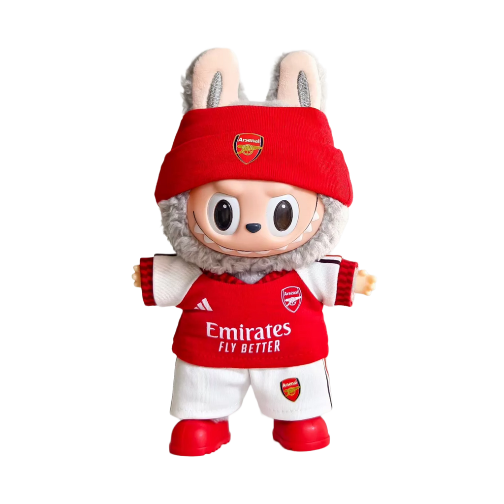 Labubu football jersey kit – Arsenal Home – Labubu clothes shown worn on a doll, compatible with similar 17cm dolls
