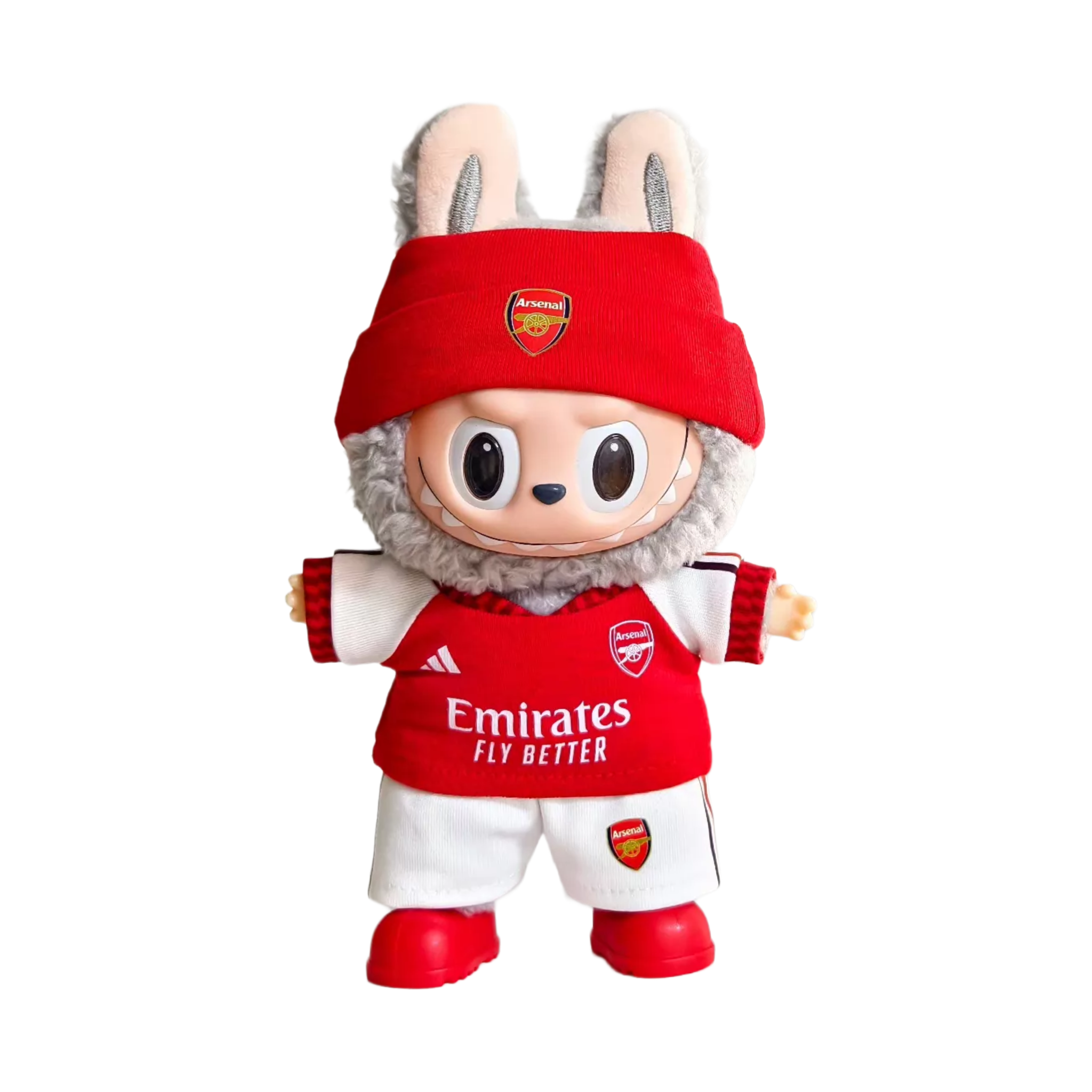 Labubu football jersey kit – Arsenal Home – Labubu clothes shown worn on a doll, compatible with similar 17cm dolls