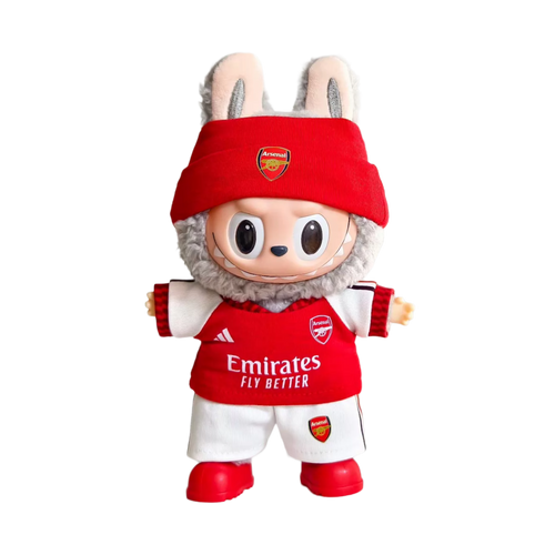 Labubu football jersey kit – Arsenal Home – Labubu clothes shown worn on a doll, compatible with similar 17cm dolls
