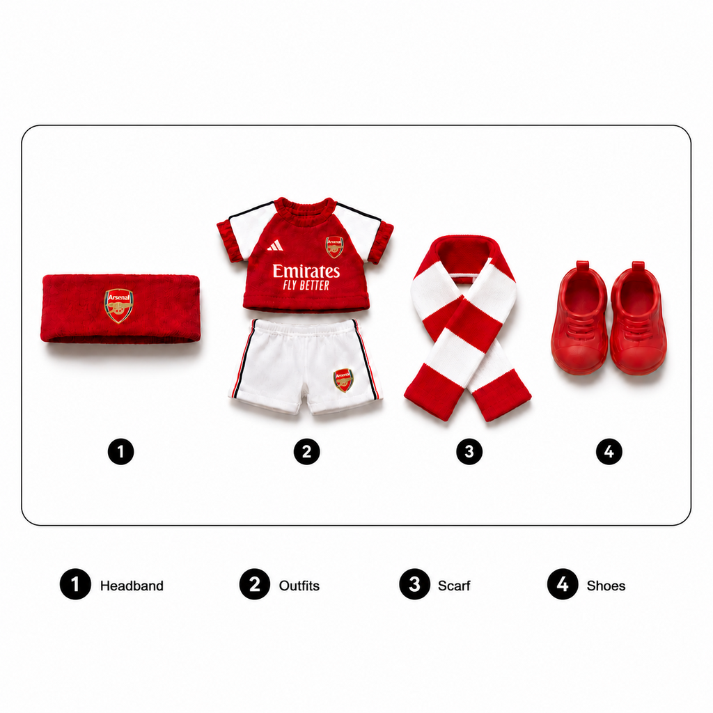 Labubu football jersey kit – Arsenal Home – Labubu clothes with jersey, shorts, and accessories included, compatible with similar 17cm dolls