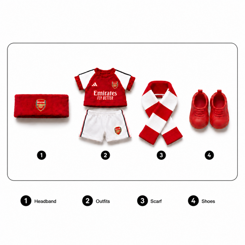 Labubu football jersey kit – Arsenal Home – Labubu clothes with jersey, shorts, and accessories included, compatible with similar 17cm dolls