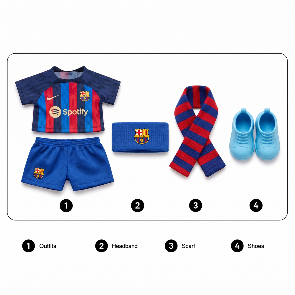Labubu football jersey kit accessories – Barcelona Home – includes headband, scarf and shoes