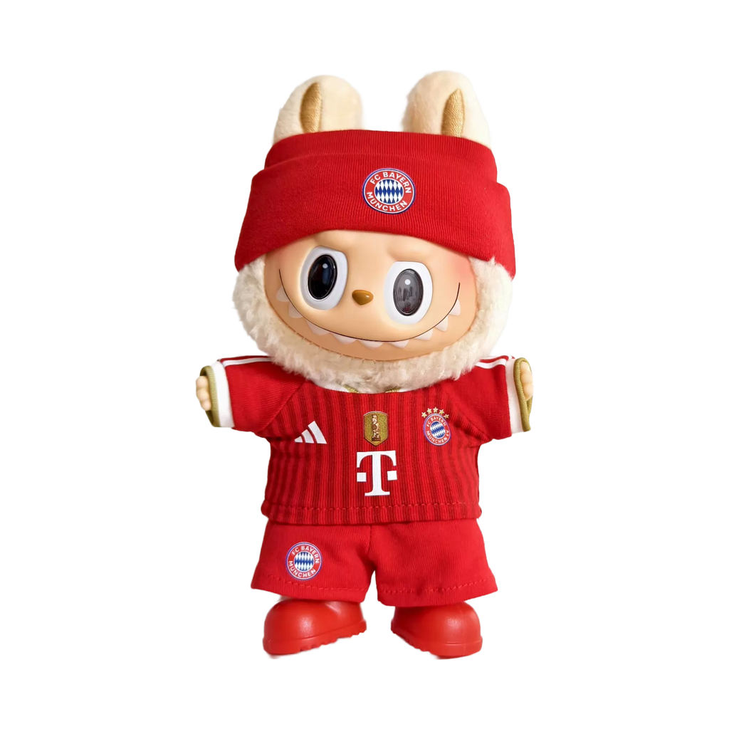 Labubu football jersey kit – FC Bayern Munich Home – Labubu accessories included, shown worn on a doll, compatible with similar 17cm dolls
