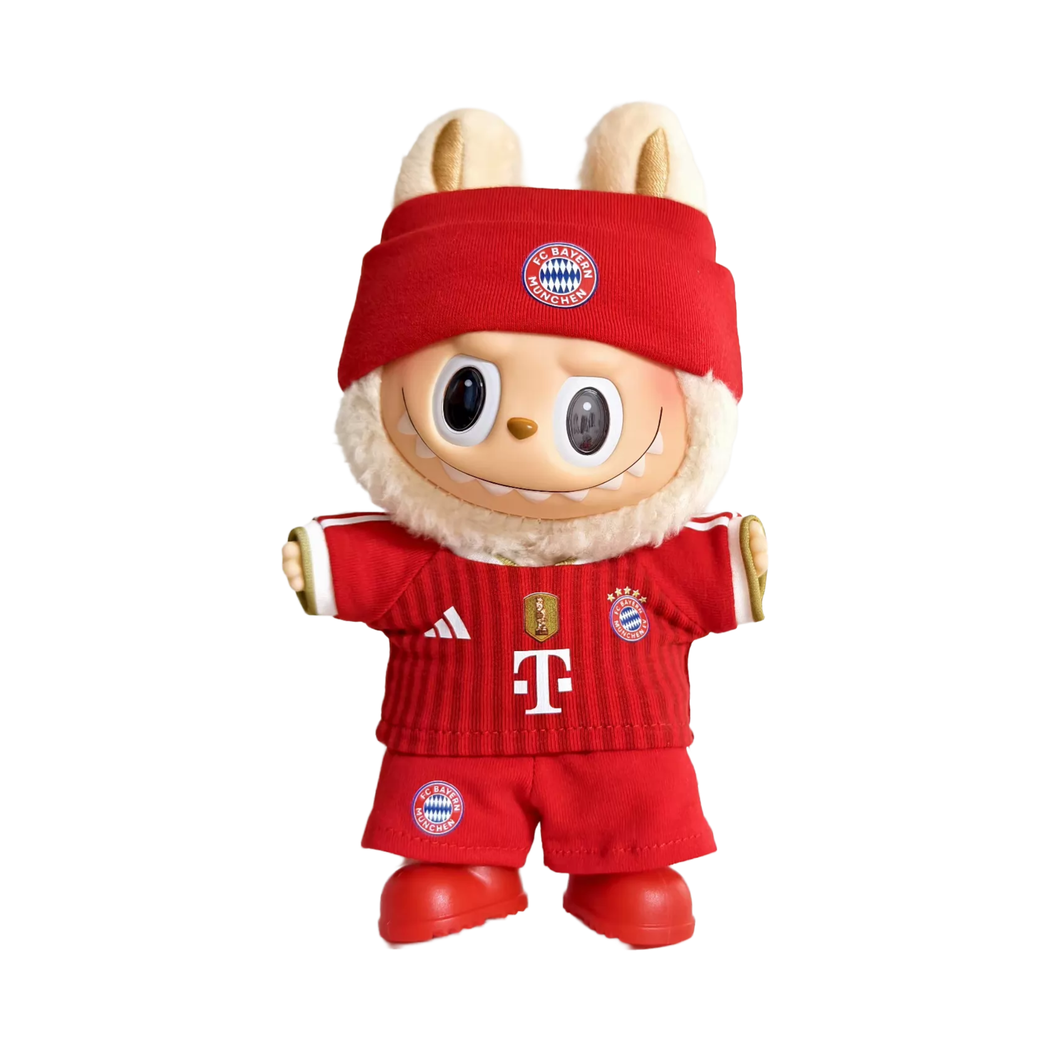 Labubu football jersey kit – FC Bayern Munich Home – Labubu accessories included, shown worn on a doll, compatible with similar 17cm dolls