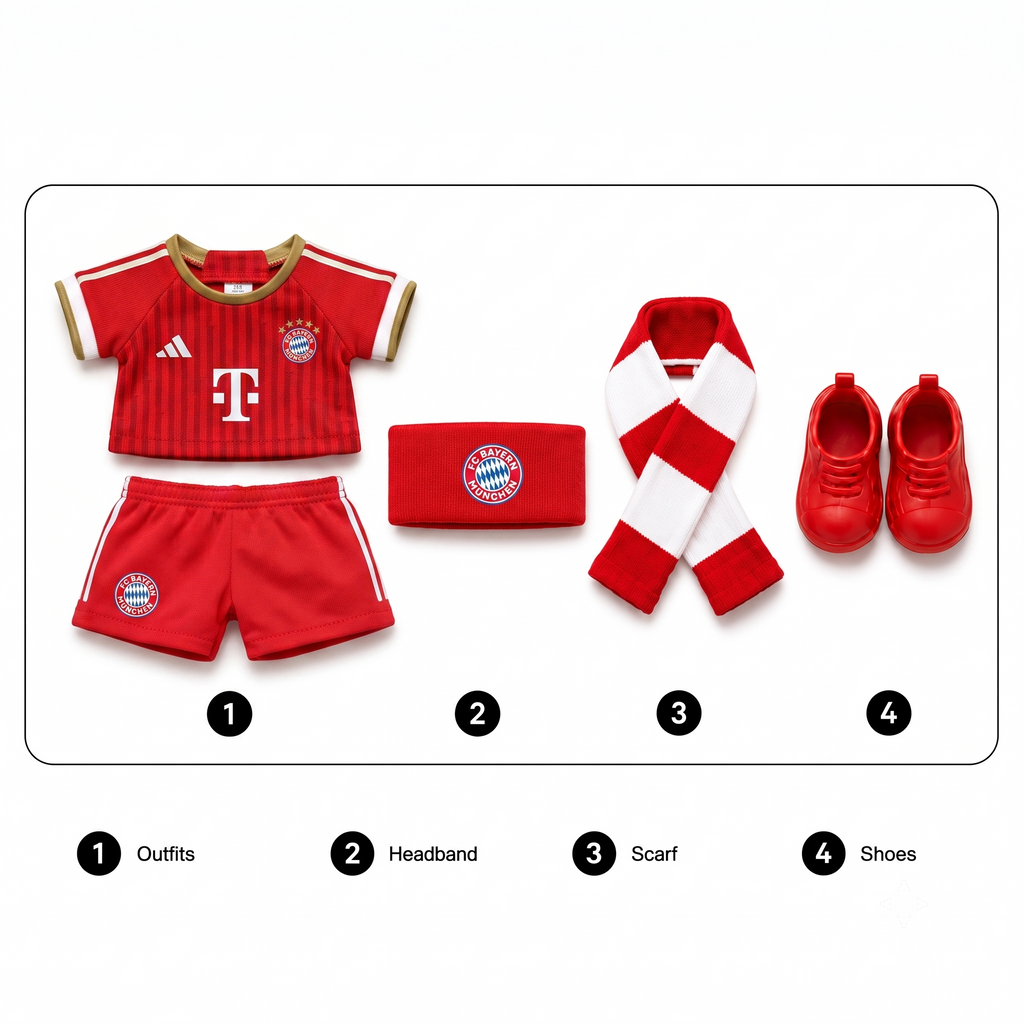 Labubu football jersey kit accessories – FC Bayern Munich Home – includes headband, scarf and shoes