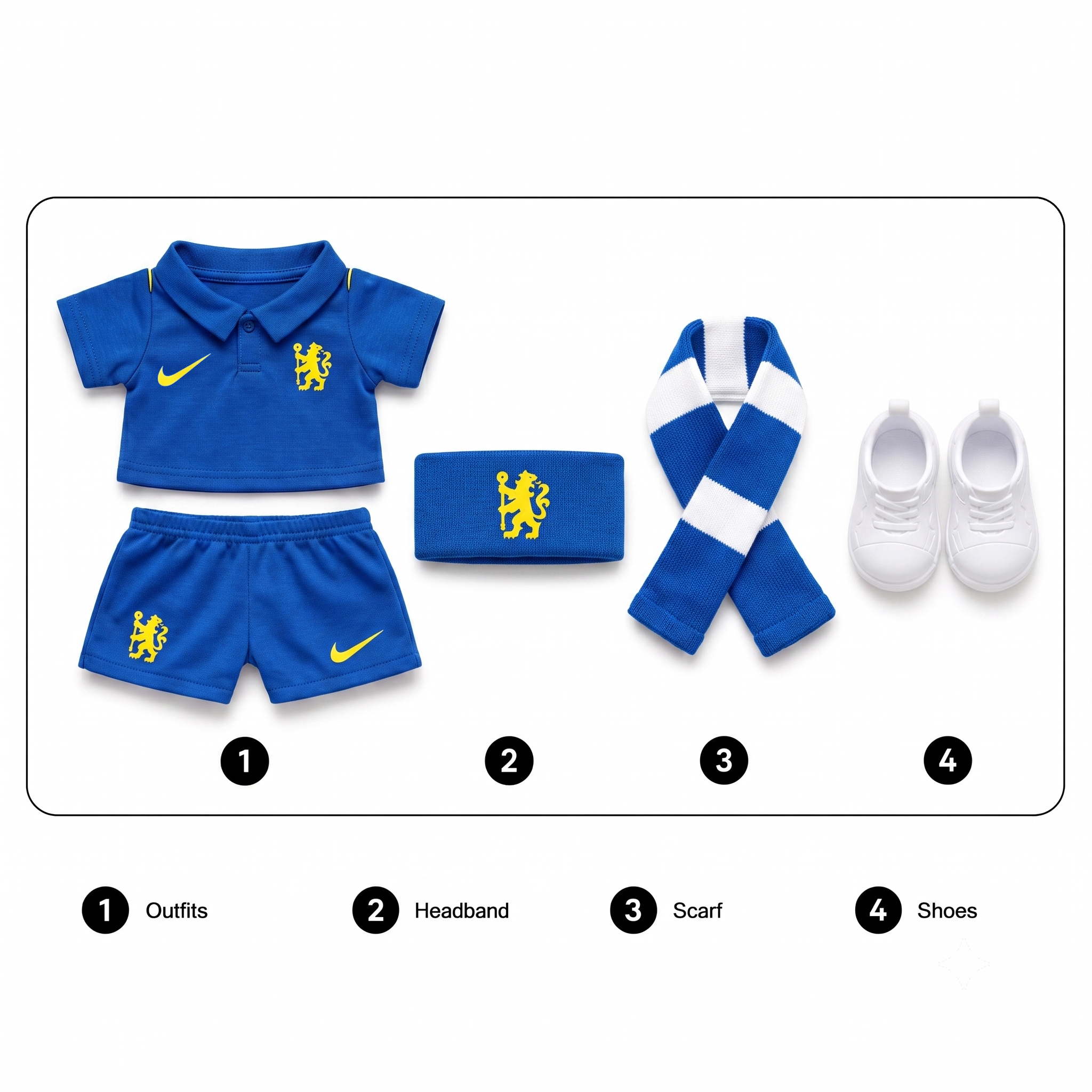 Labubu football jersey kit accessories – Chelsea Home – includes headband, scarf and shoes