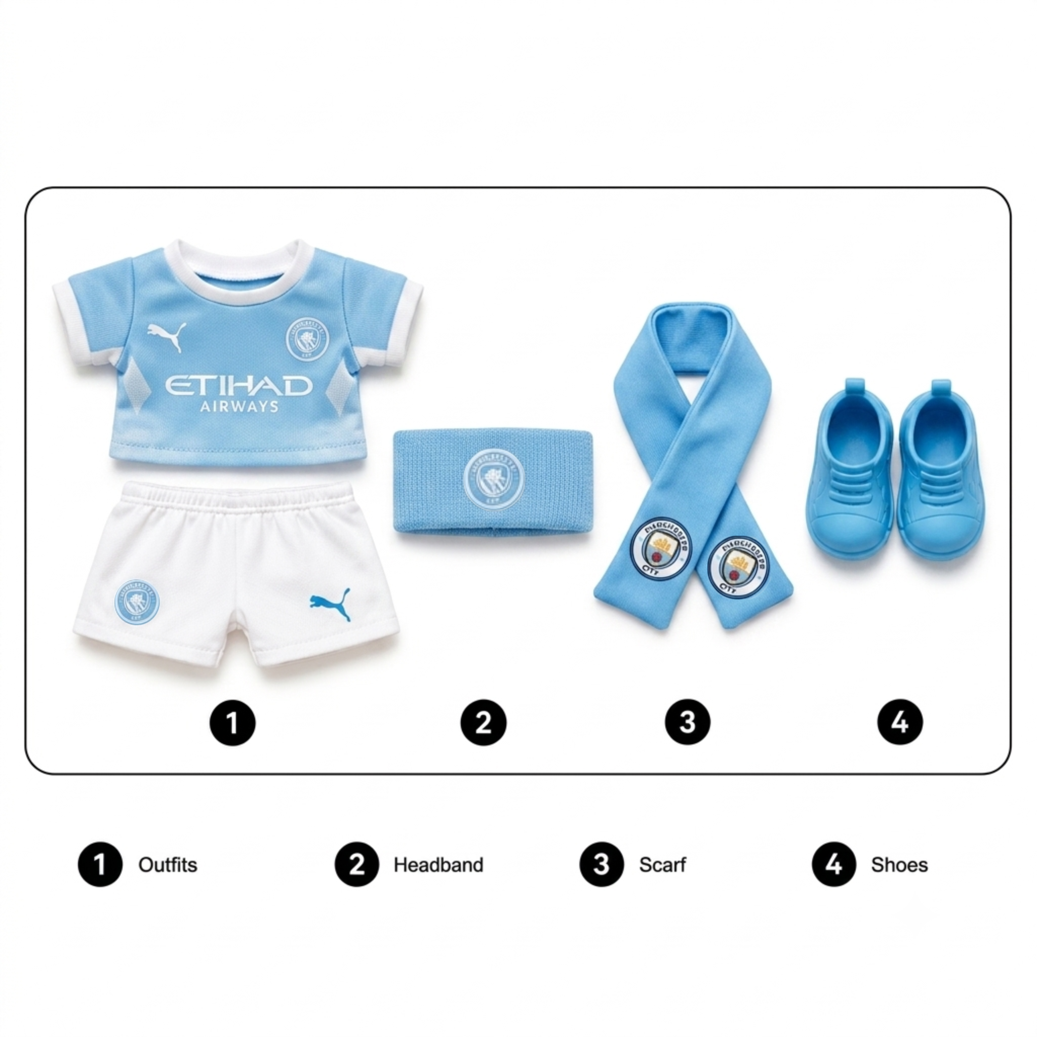 Labubu football jersey kit accessories – Manchester City Home – includes headband, scarf and shoes