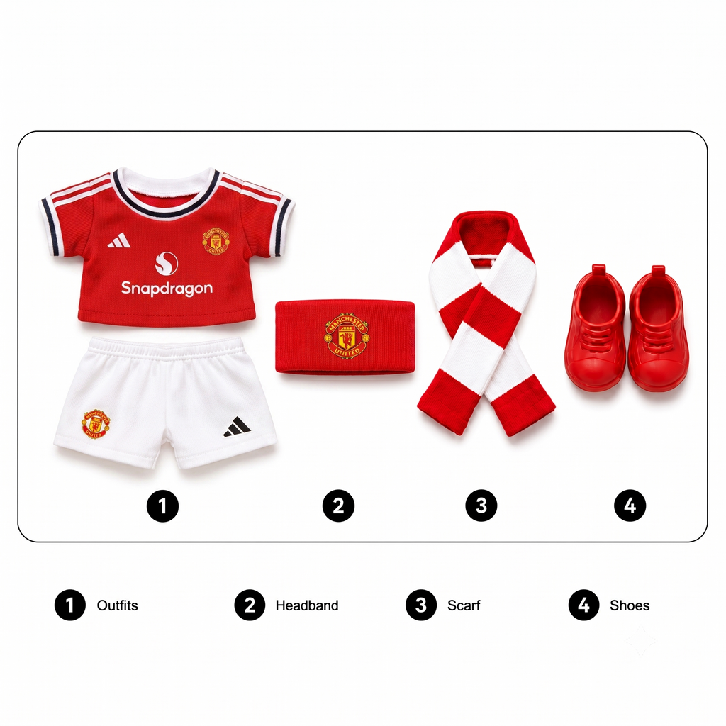 Labubu football jersey kit accessories – Manchester United Home – includes headband, scarf and shoes