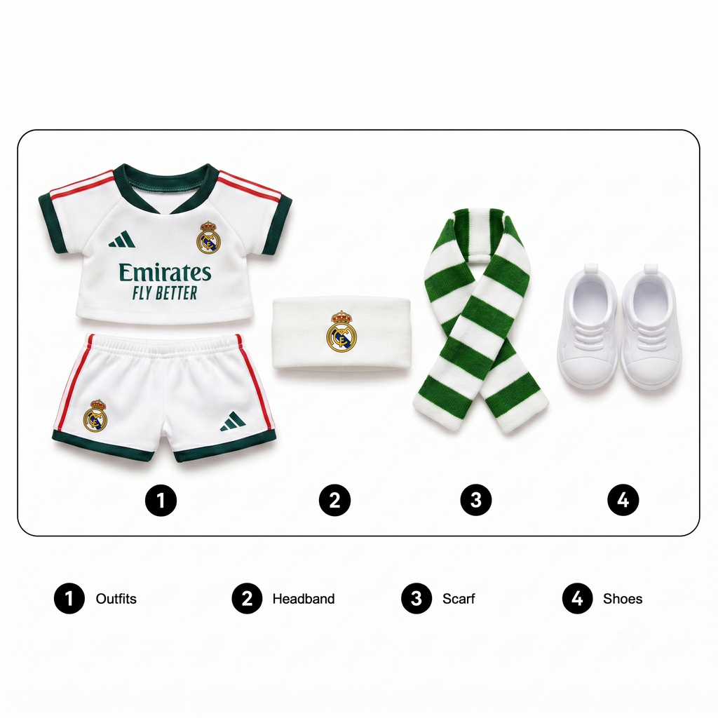 Labubu football jersey kit accessories – Real Madrid Home – includes headband, scarf and shoes
